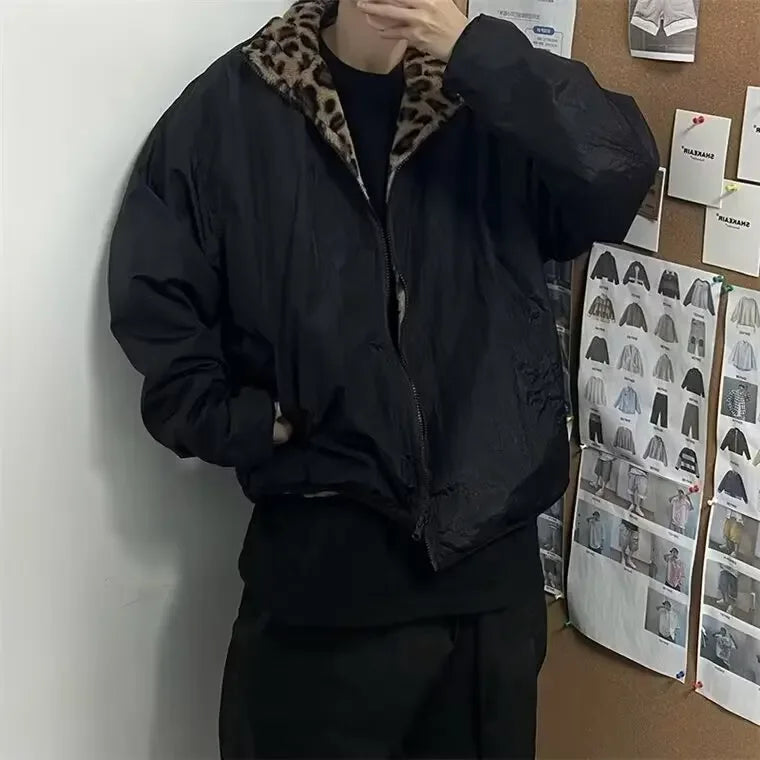 Double-Sided American Retro Cotton Jacket With Leopard Print Design