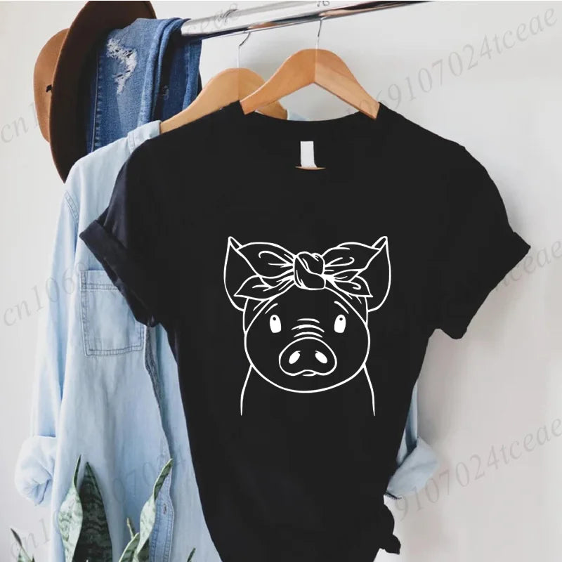Cute Cartoon Pig Print Women's Summer T Shirt
