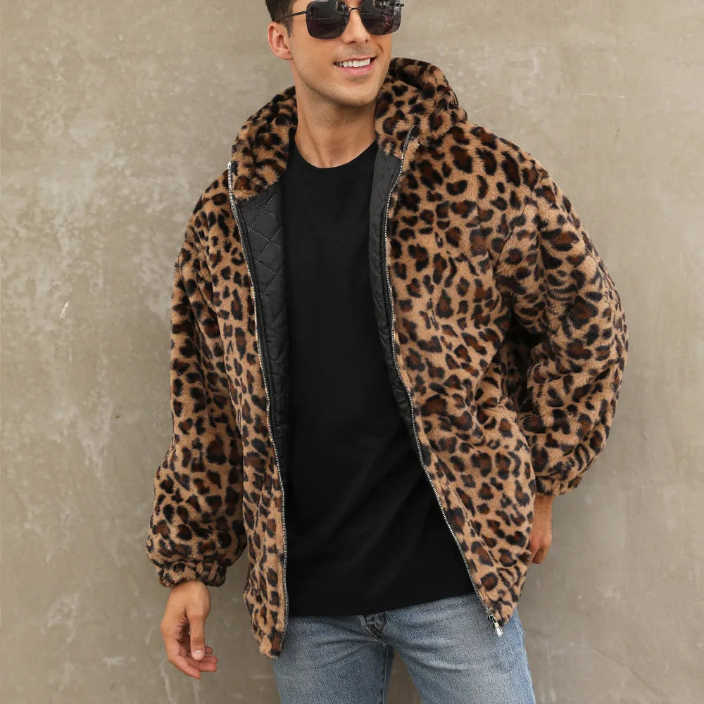 Men's Leopard Casual Loose Zipper Hooded