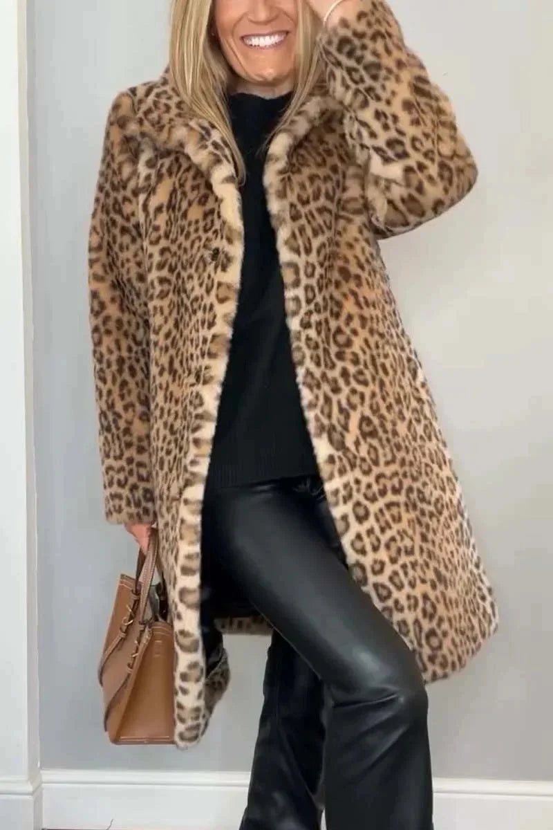 Fashionable Leopard Print Plush Mid-Length Jacket