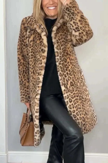 Fashionable Leopard Print Plush Mid-Length Jacket