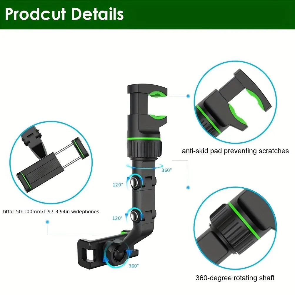 Rearview Mirror Phone Holder 360° Rotatable and Retractable