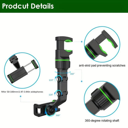 Rearview Mirror Phone Holder 360° Rotatable and Retractable