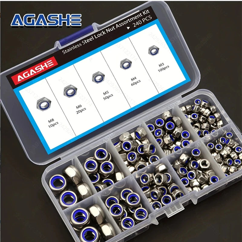 170/220/240pcs Stainless Steel Metric Locknut Kit