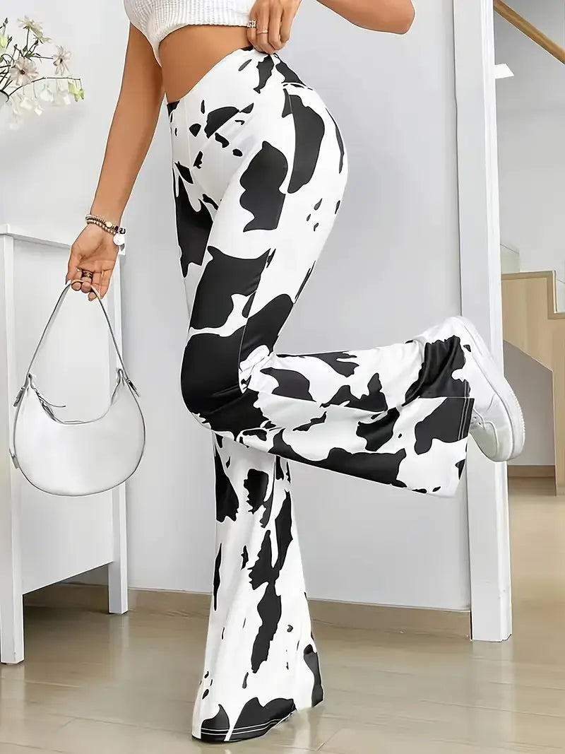 Woman's Cow Print Flare Leg Pants