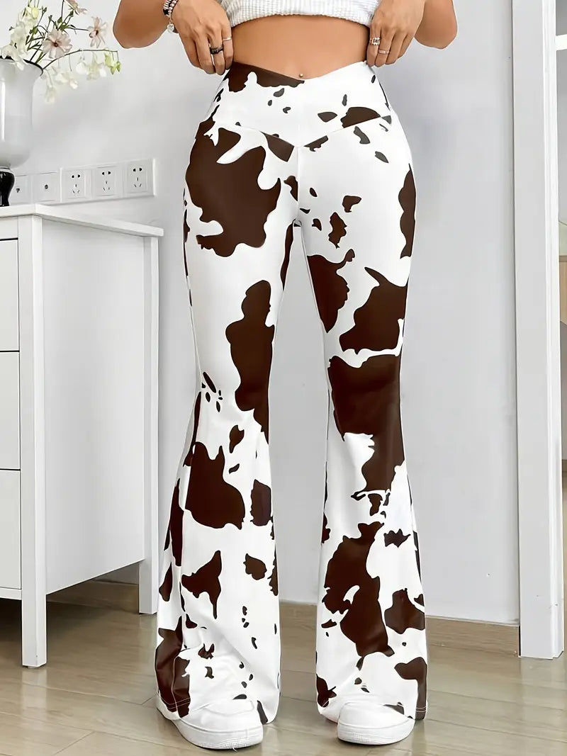 Woman's Cow Print Flare Leg Pants