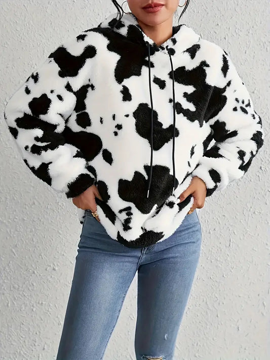 Furry Cow Print Hooded Sweatshirt