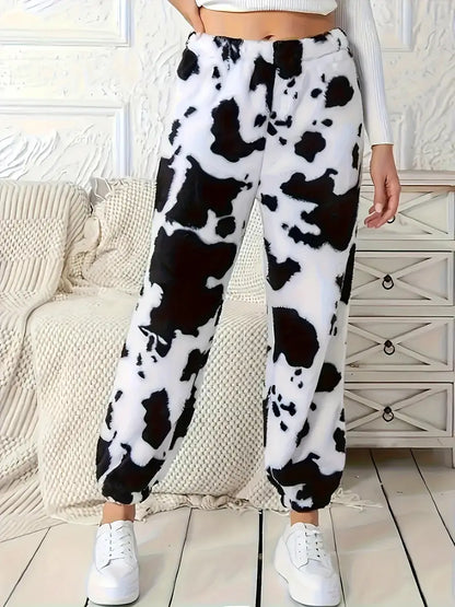 Casual Cow Print Fluffy Pants