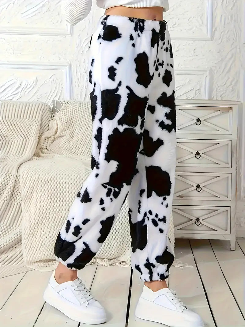 Casual Cow Print Fluffy Pants