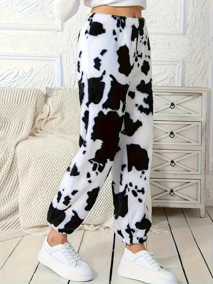 Casual Cow Print Fluffy Pants
