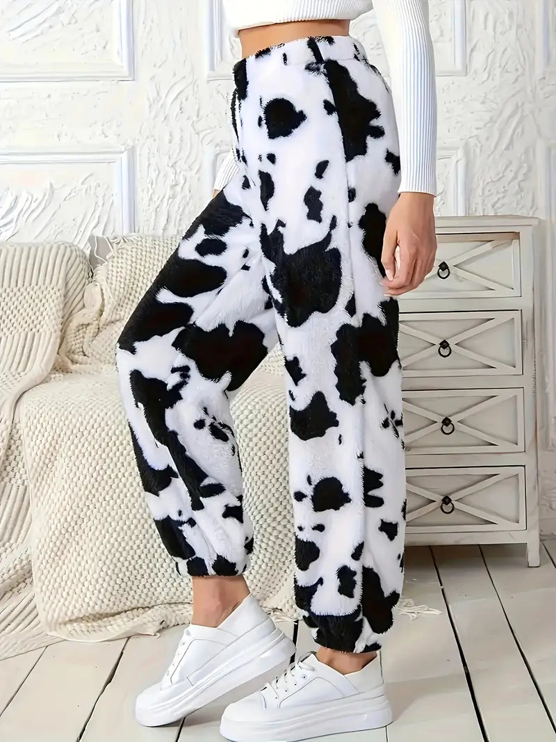 Casual Cow Print Fluffy Pants