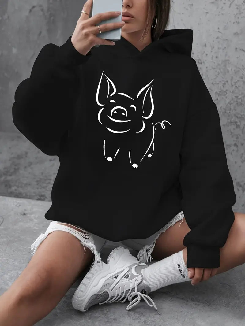 Casual Pig Print Hoodie