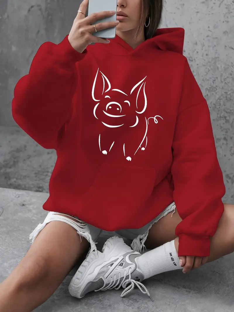 Casual Pig Print Hoodie